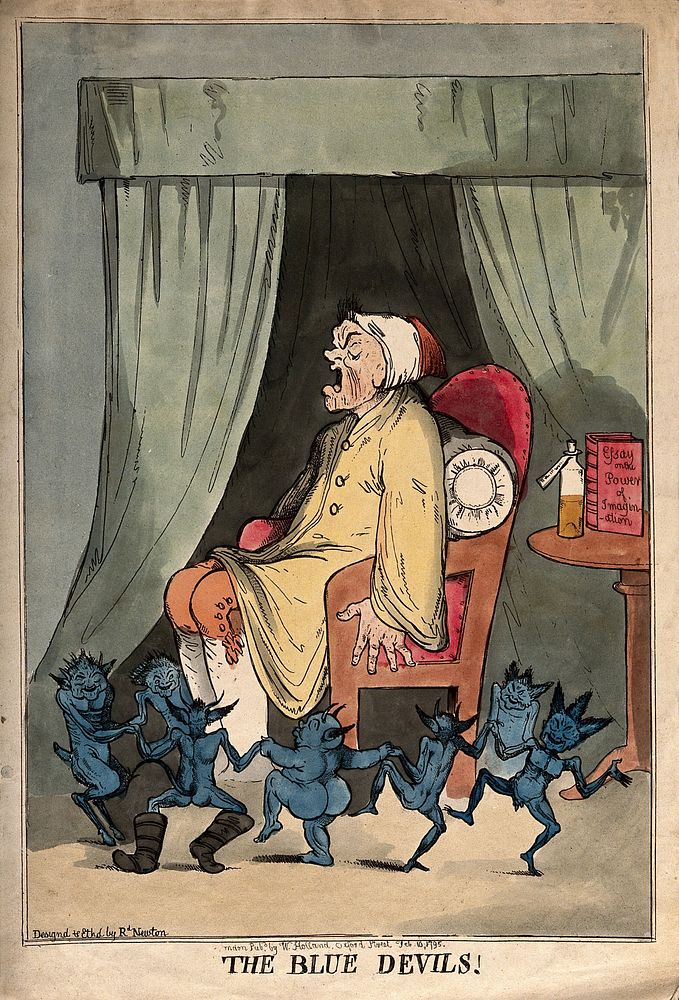A man suffering from attack by blue devils; representing depression or mental illness. Coloured etching R. Newton, 1795…