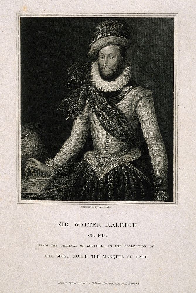 Sir Walter Ralegh . Stipple engraving by C. Picart, 1823, after F. Zucchero .