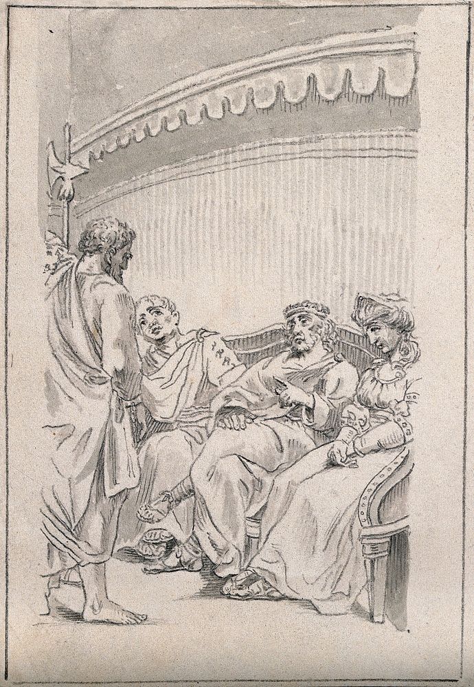 One soldier talks to three seated Roman figures. Drawing, c. 1793.