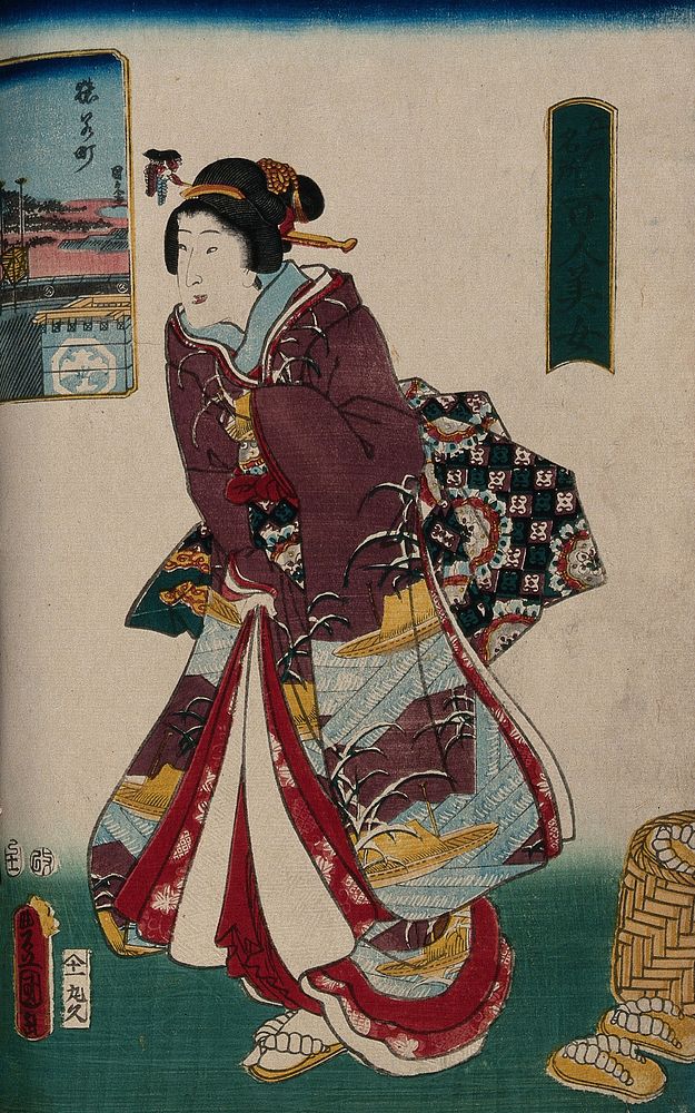 A woman trying on a new pair of sandals and an inset view of Edo. Colour woodcut by Kunisada, 1857.