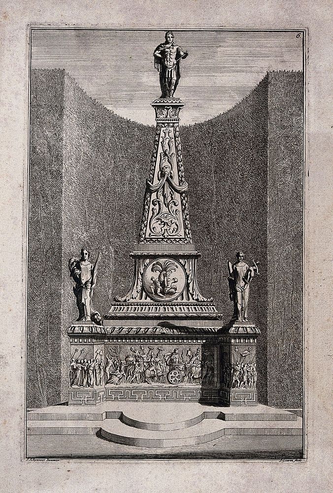 An ornate garden obelisk with a triumphal procession carved in relief on the base. Etching by J. Goeree after S. Schynvoet…