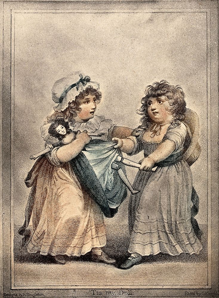 Two girls fight over a doll which they both lay claim to. Coloured stipple engraving by C. Knight after H. Singleton.