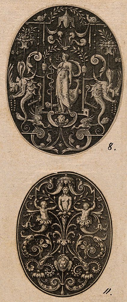 A bare-breasted woman, girt with fruits, flanked by putti standing in in cornucopias. Engraving by J. Th. De Bry, ca. 1580…