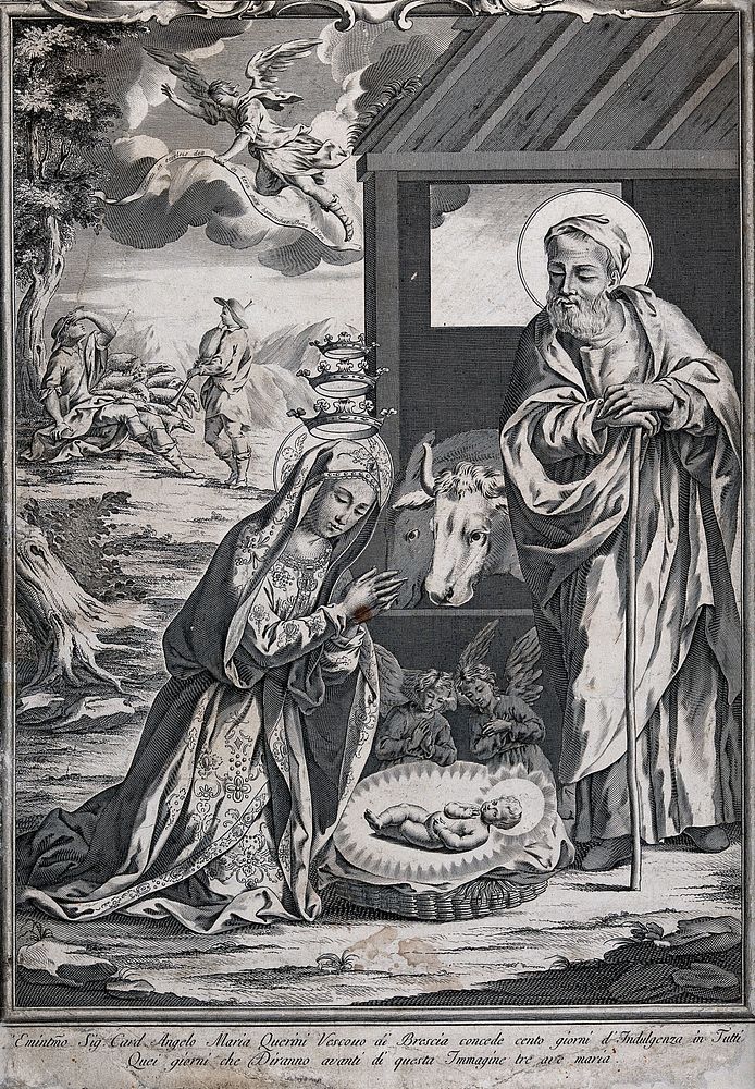 The birth of Christ; in the background, shepherds are hailed by an angel. Engraving.