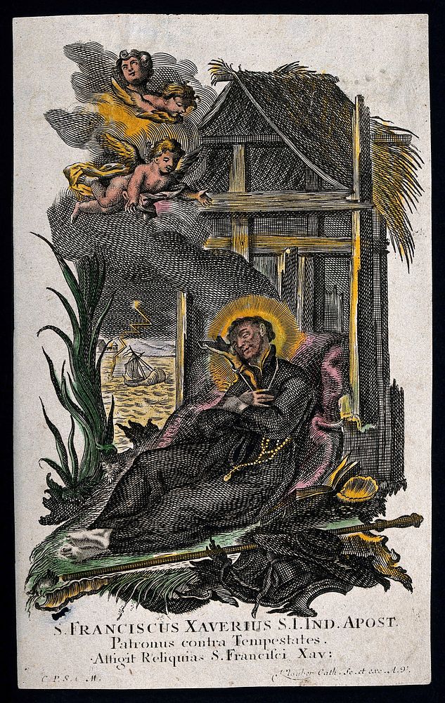 Saint Francis Xavier. Coloured etching by J. and J. Klauber.