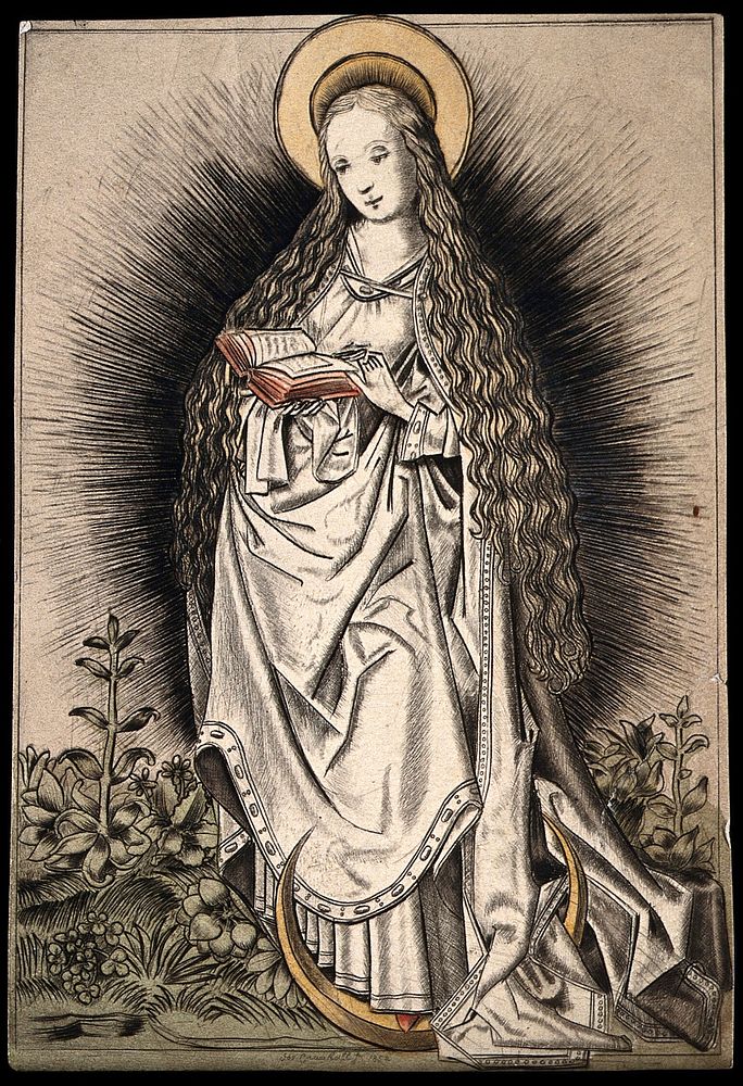 Saint Mary (the Blessed Virgin). Coloured drypoint by J. Crawhall, 1852.