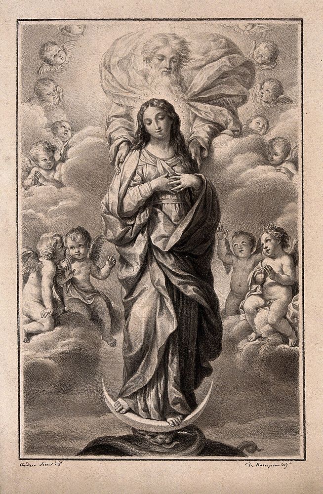 The Assumption of the Virgin Mary; God the Father lifts her up by the shoulders. Drawing by F. Rosaspina, c. 1830, after…