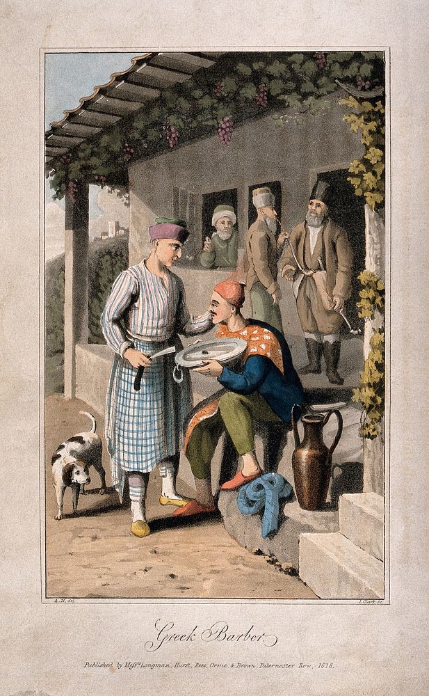 A Greek barber shaving a man. Coloured aquatint by I. Clark after A.N.