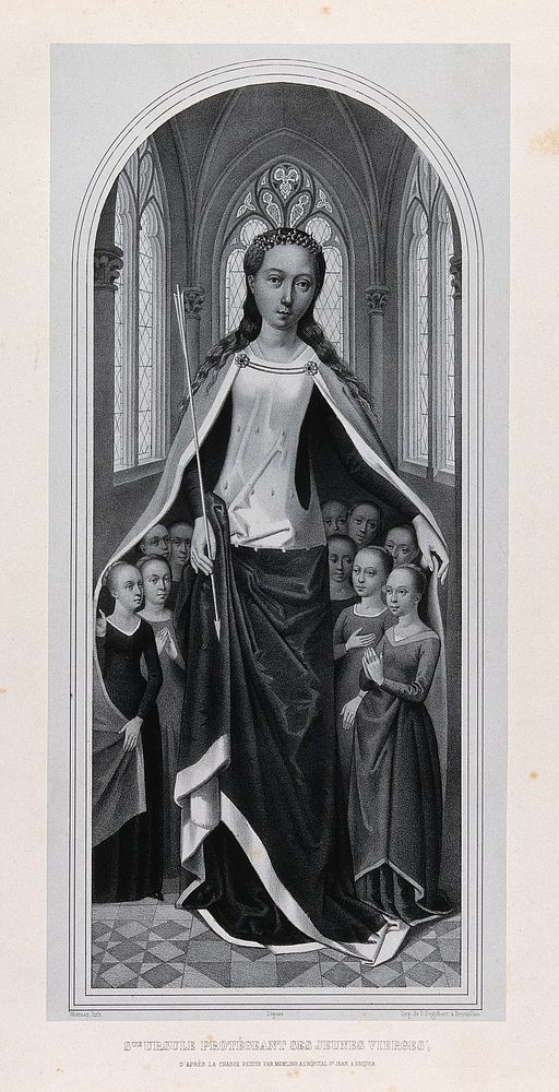 Saint Ursula. Lithograph by L.J. Ghémar after H. Memlinc.
