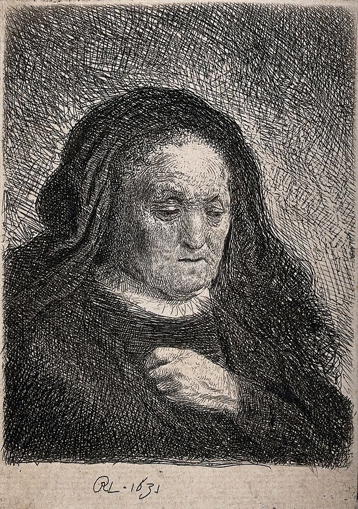 An old woman wearing a black veil, identified as Rembrandt's mother. Etching by or after Rembrandt van Rijn, 1631.