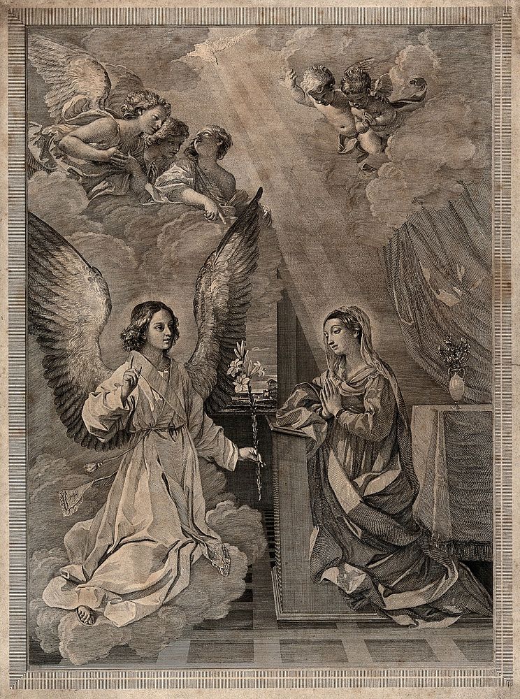 The angel, announcing the birth of Christ, gives a lily to the Virgin. Engraving after G. Reni.