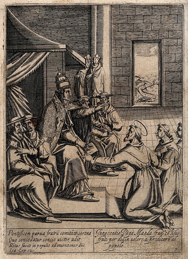 Saint Francis of Assisi given permission by Pope Innocent III to preach to the people. Engraving, 16--.