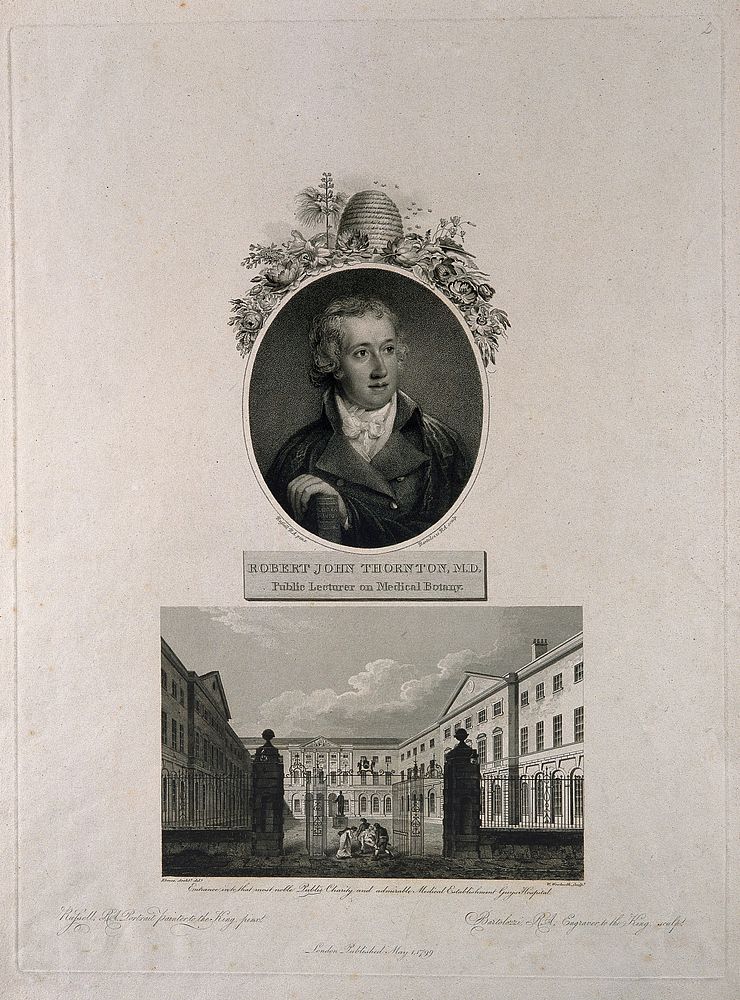 Robert John Thornton, and the entrance to Guy's Hospital. Stipple engraving by F. Bartolozzi, 1799, after J. Russell, and W.…