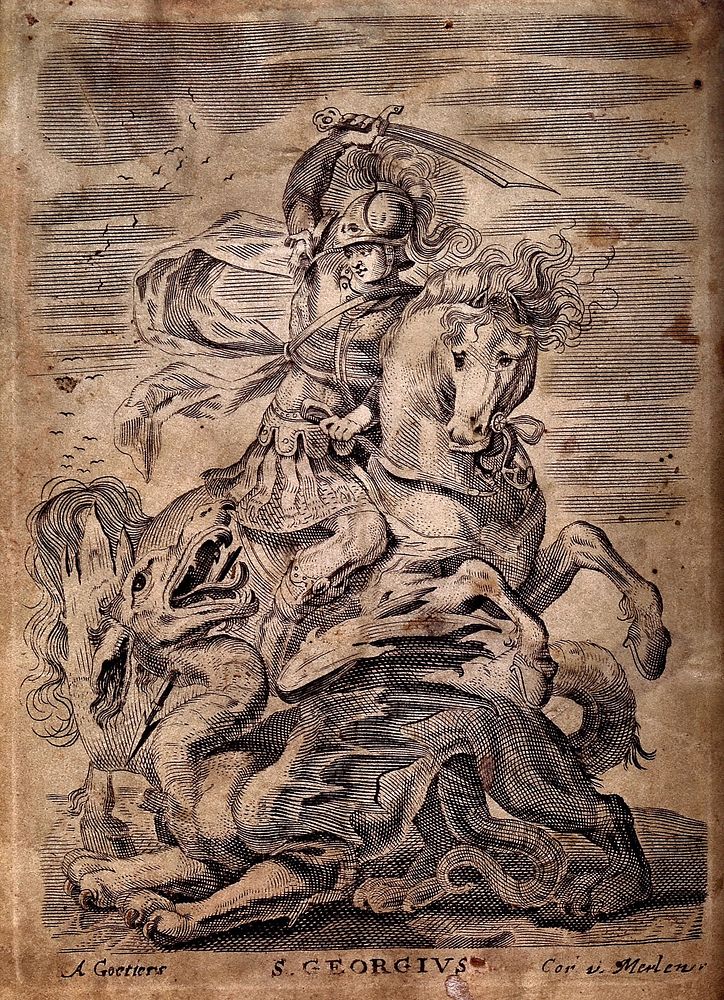 Saint George on horseback about to kill the dragon with his sword. Engraving by A. Goetiers, 16--.