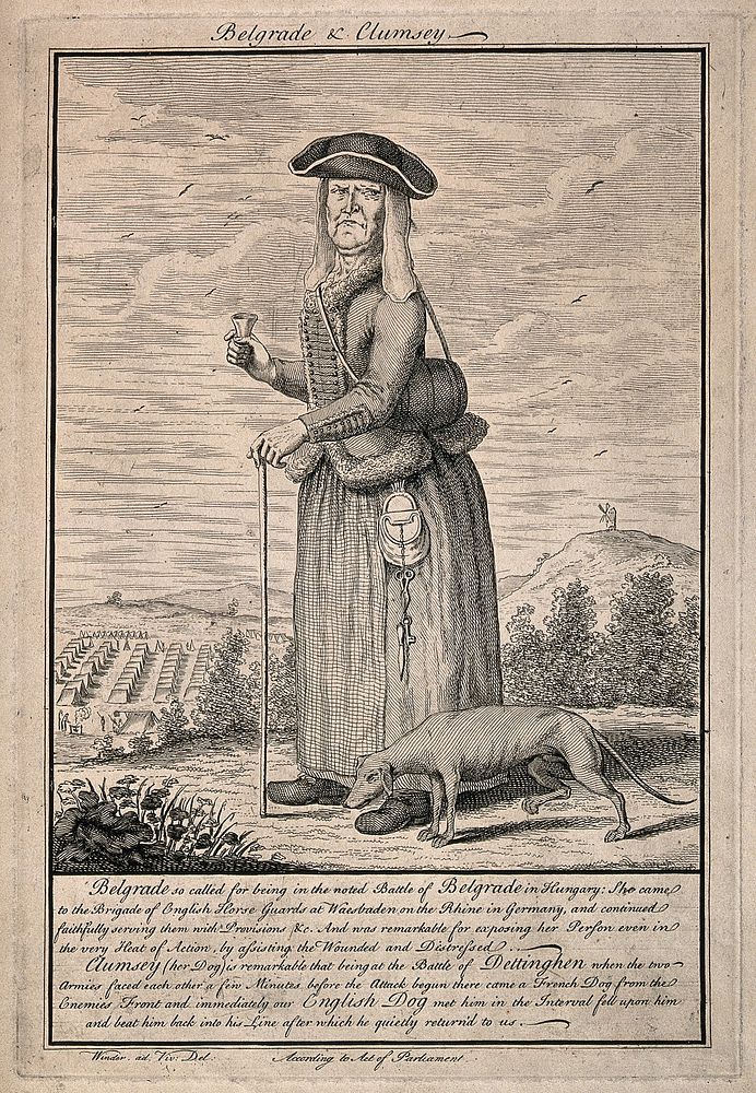 A wizened old woman with her dog, with the story of their bravery at the battles of Belgrade and Dettinghen. Line engraving…