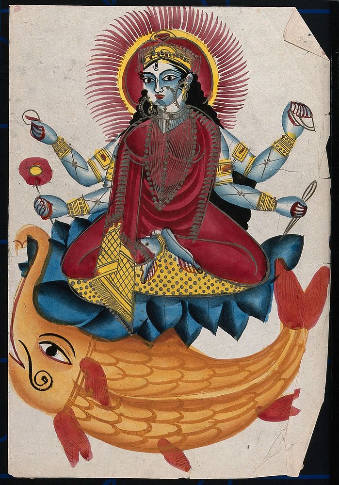Saraswati sitting on a lotus with her elephant fish. Coloured lithograph.