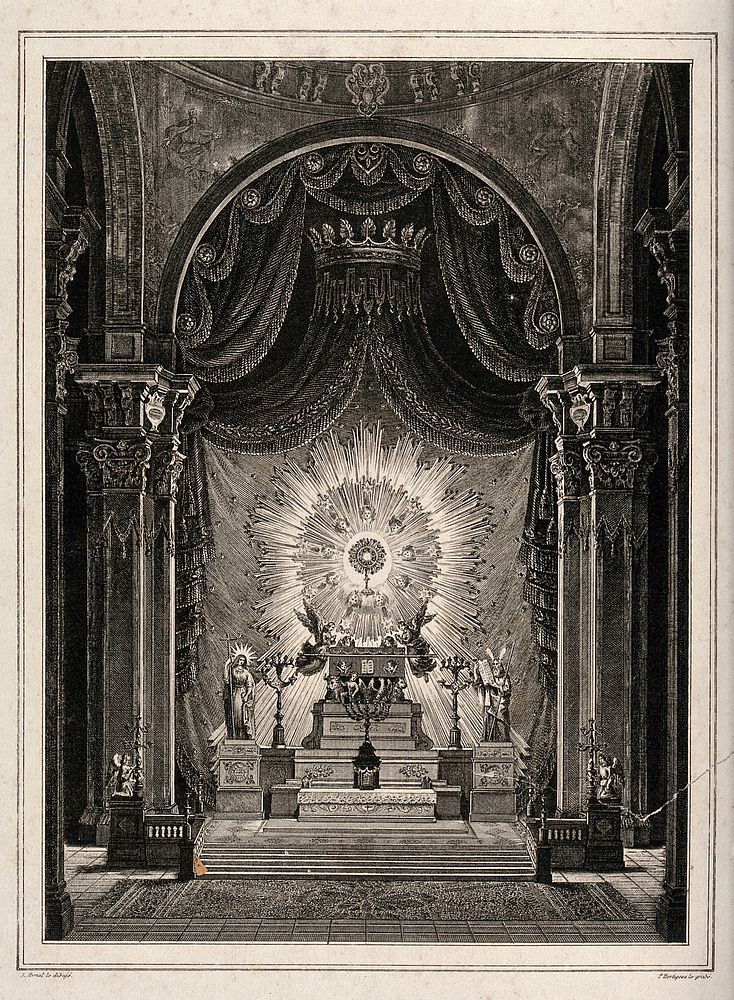 The altar of the Royal Archconfraternity of the Forty Hours: the Host in glory above the altar, surmounted by a baldachin.…