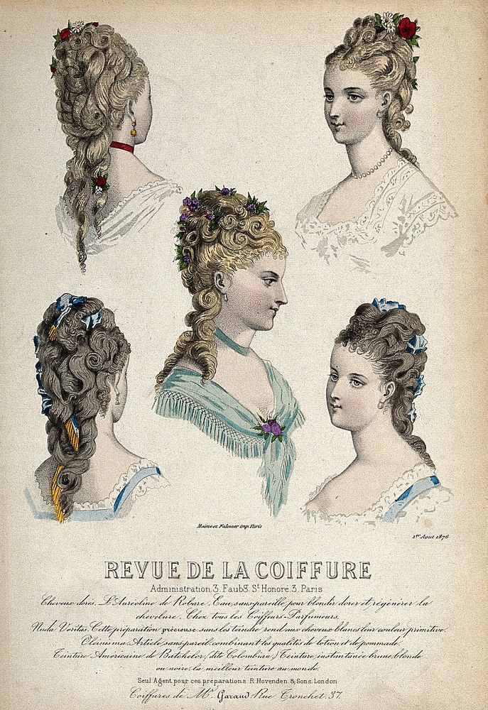 The heads and shoulders of five women with their hair combed back and dressed with high chignons, flowers and scarfs.…
