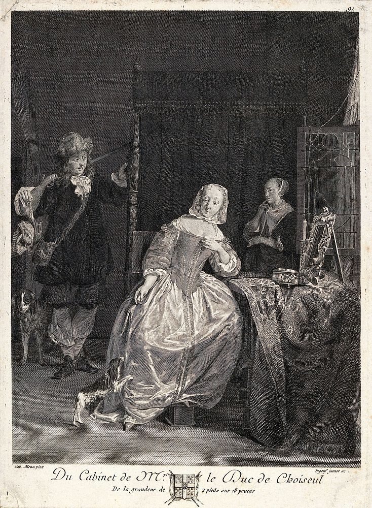 A woman sitting at her dressing table; a hunter with a gun stands to the left, a maidservant to the right. Engraving by F.R.…