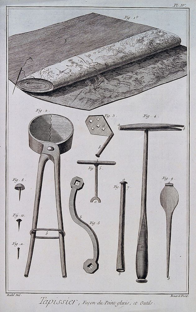 Upholstery: a roll of fabric (top), tools (below). Engraving by R. Benard after Radel.