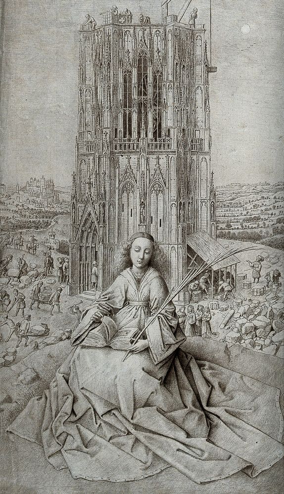 Saint Barbara. Engraving by C. van Noorde, 1769, after Jan van Eyck.