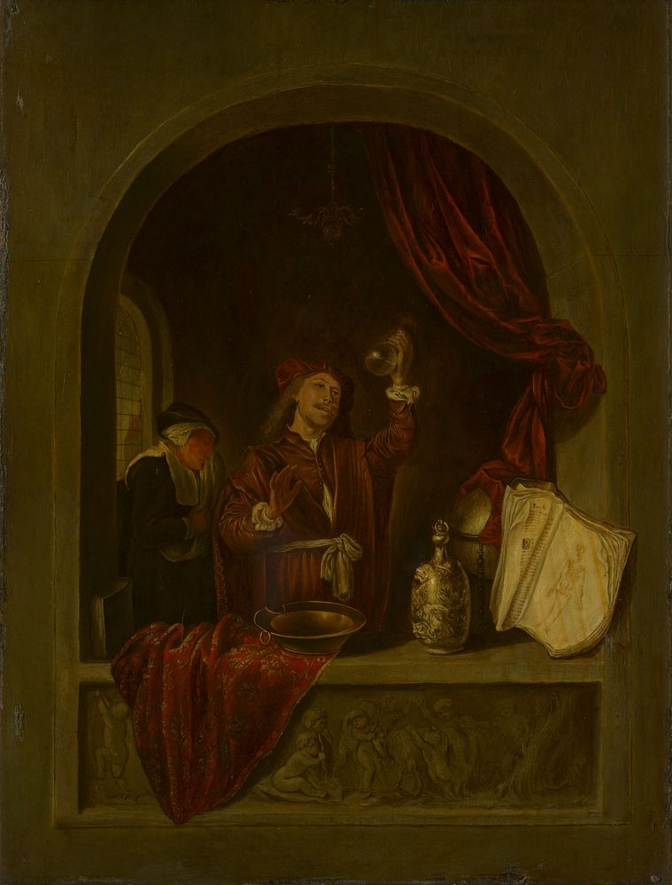 A niche-scene with a physician examining a urine flask, and an anatomy book resting in the embrasure. Oil painting after…
