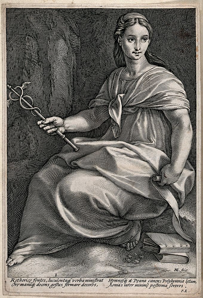 A seated woman with a scroll and two books, holding a caduceus; representing Rhetoric. Engraving by H. Goltzius.