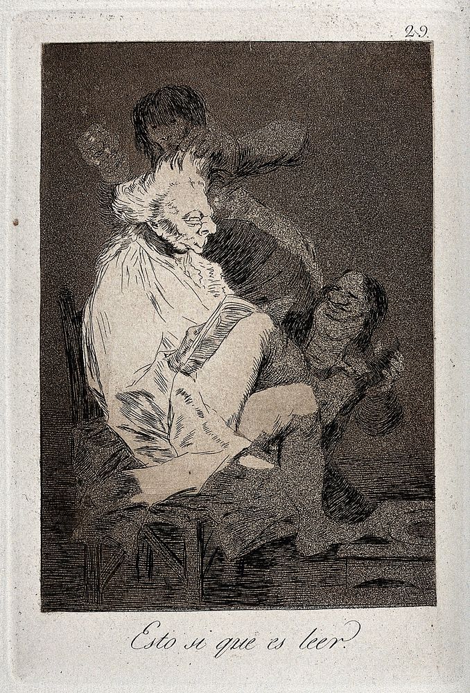 An old man is reading while his valets are attending to his toilet. Aquatint by F. Goya, 1812/1888.