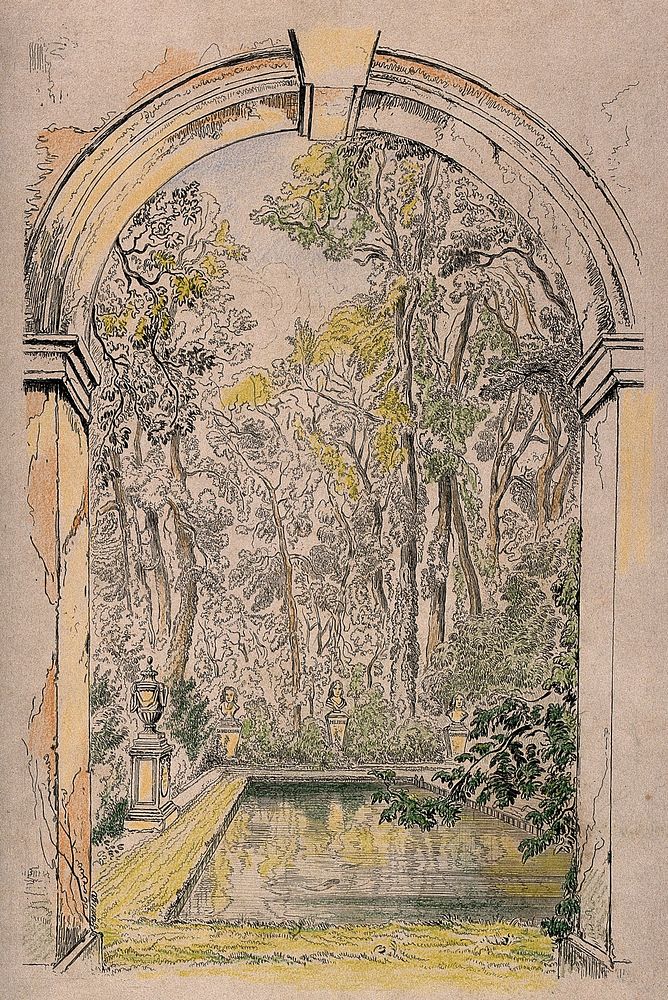 Christ Church, Oxford: the bath and gardens. Coloured etching by C.G. Lewis after J.M. Ince.