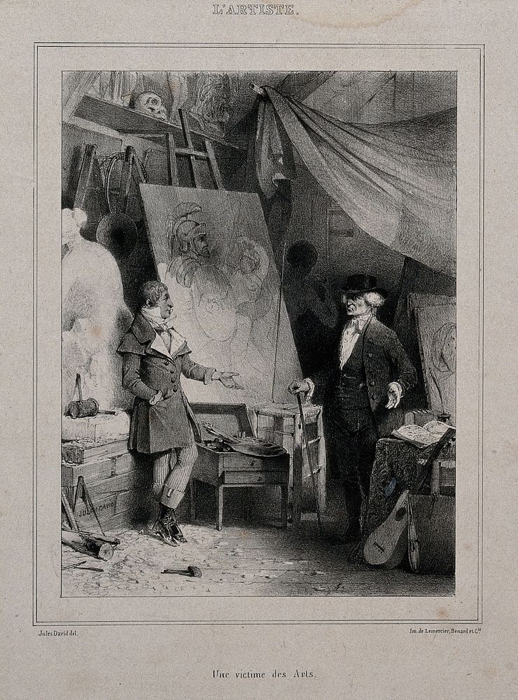 An artist discussing a painting with a client; the client is an older man with an irate expression. Lithograph by J. David…
