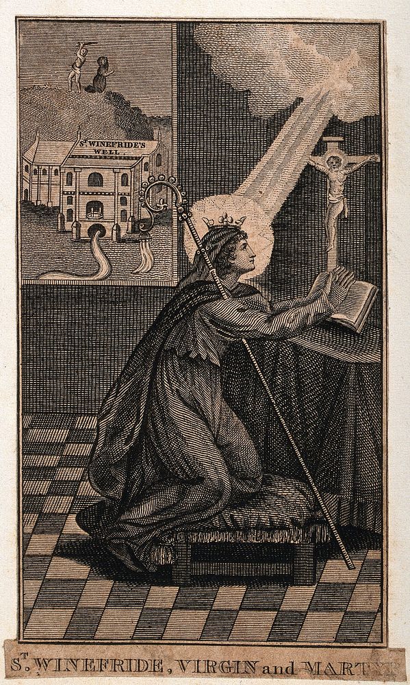 Saint Winifred. Engraving.