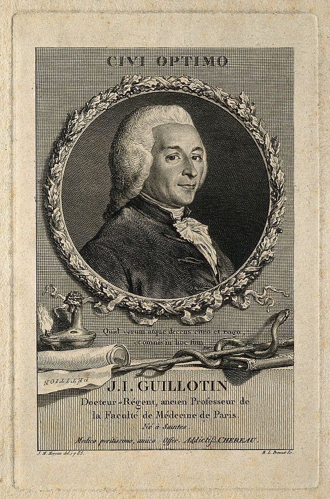 Joseph Ignace Guillotin. Line engraving by B. L. Prévost after J. M. Moreau, 1785.