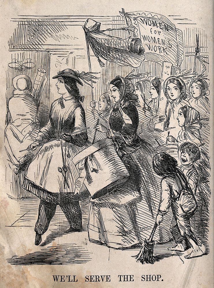 A crowd of women are marching with banners and a drum. Wood engraving.