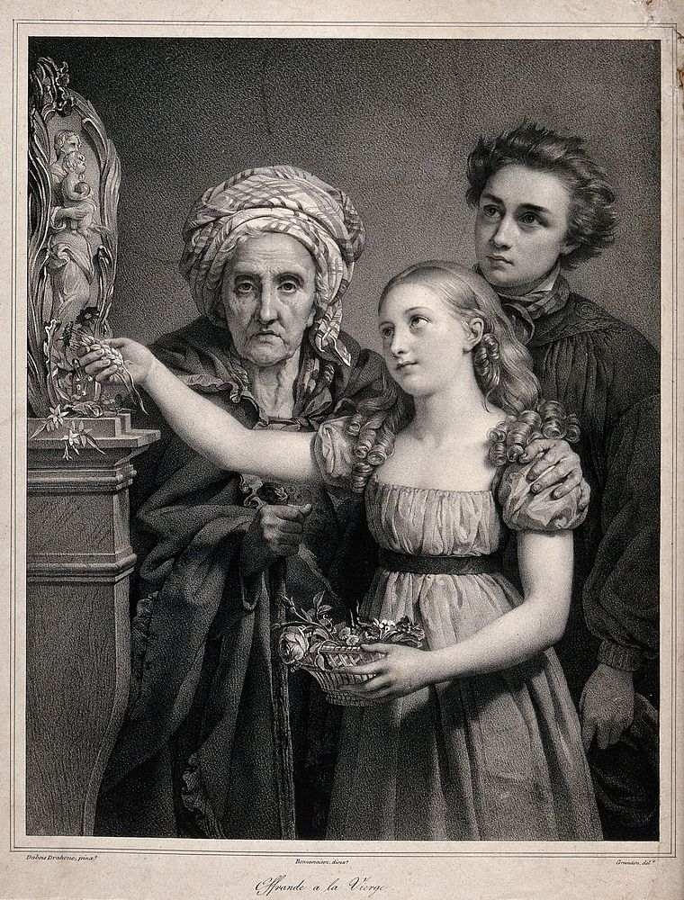 A girl, accompanied by an old woman and a boy offers flowers to an image of the Virgin. Lithograph by Grévedon after Dubois…