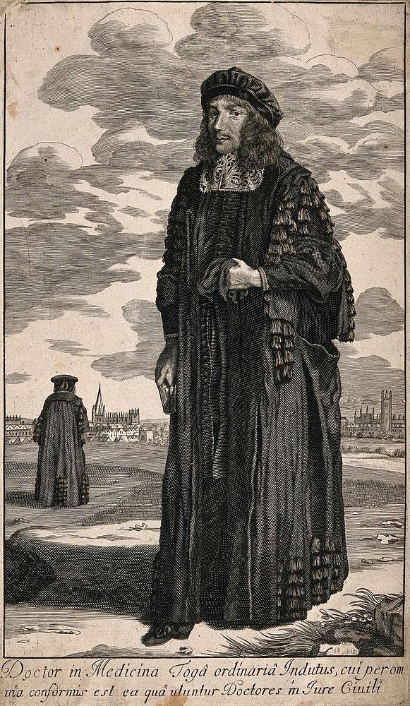 A doctor of medicine in Oxford University wearing academic dress. Engraving by G. Edwards, 1673.