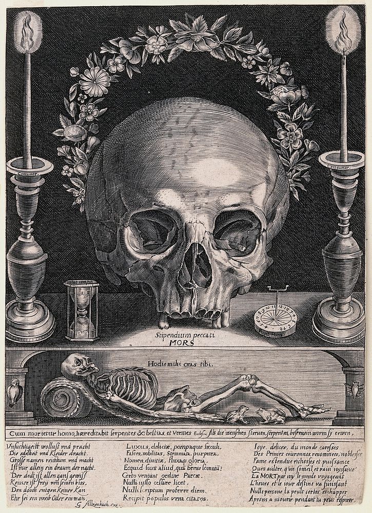 A skull, a skeleton, candles and other symbols of mortality. Engraving attributed to G. Altzenbach, [16--].