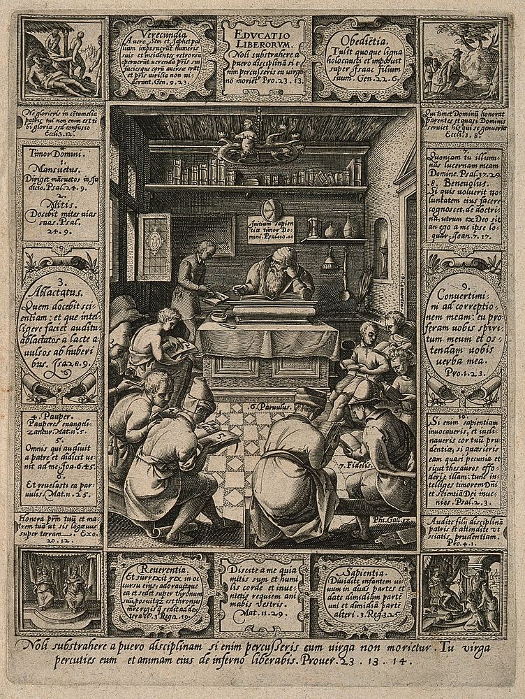 A schoolroom; illustrating Biblical proverbs on the necessity of the discipline of children. Engraving by H. Goltzius.