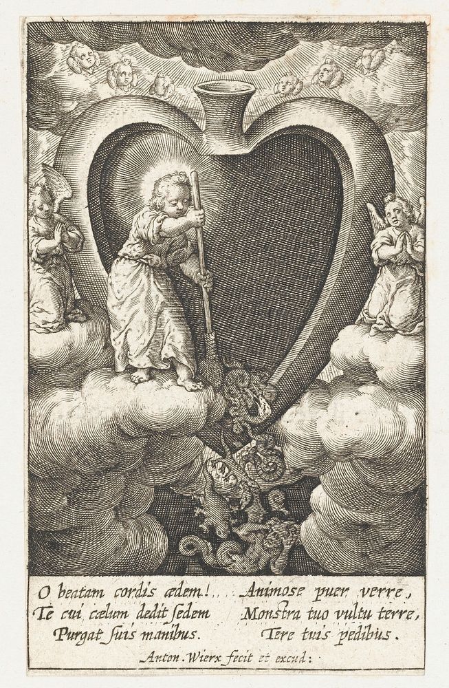 The Christ Child sweeping a brood of reptilian monsters out of the believer's heart with a broom. Engraving by A. Wierix…