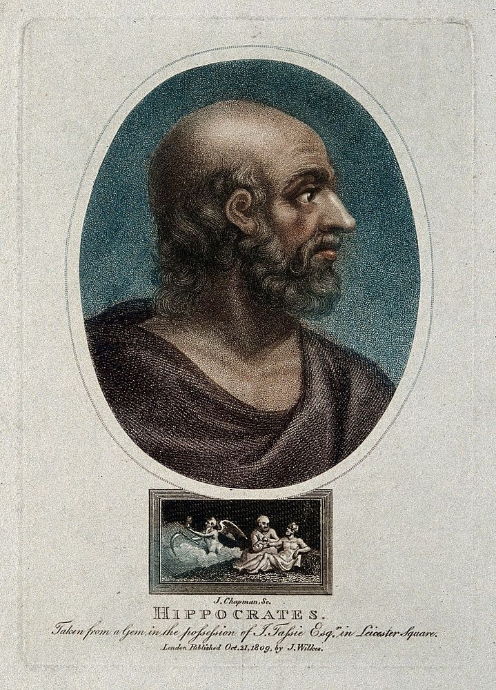 Hippocrates. Coloured stipple engraving by J. Chapman, 1809.