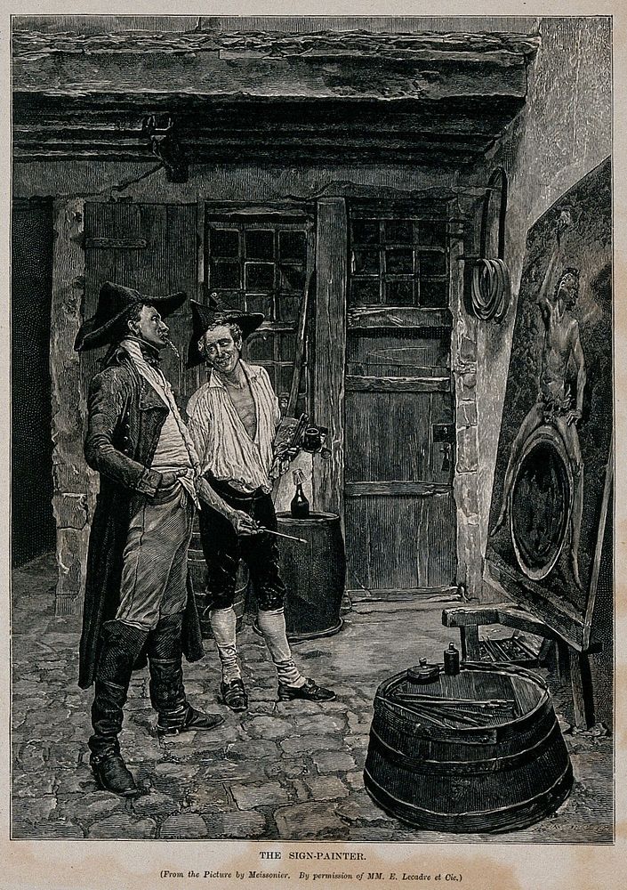 An artist and his client before a painting of Bacchus. Wood engraving, 1877, after J.L.E. Meissonier.