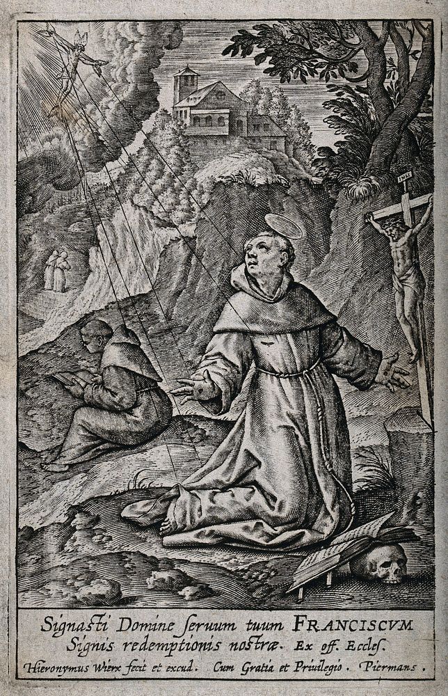 Saint Francis of Assisi, kneeling in front of a crucifix, receiving the stigmata of Christ from the seraph. Engraving by H.…