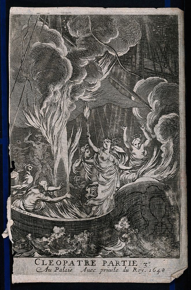 Cleopatra setting fire to the sails of a ship . Etching by F. Chauveau., 1648.
