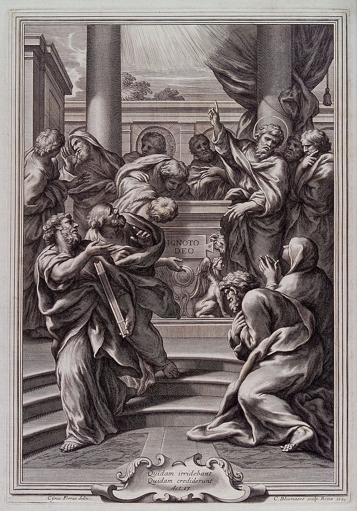 Paul tells the people of Greece about the last judgement; some mock and others believe. Engraving by C. Bloemaert, 1679…
