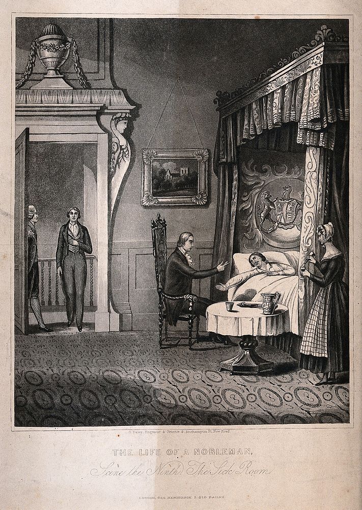 A nobleman lying ill in a four poster bed converses with another man as a maid pours him a drink. Aquatint after H. Dawe…