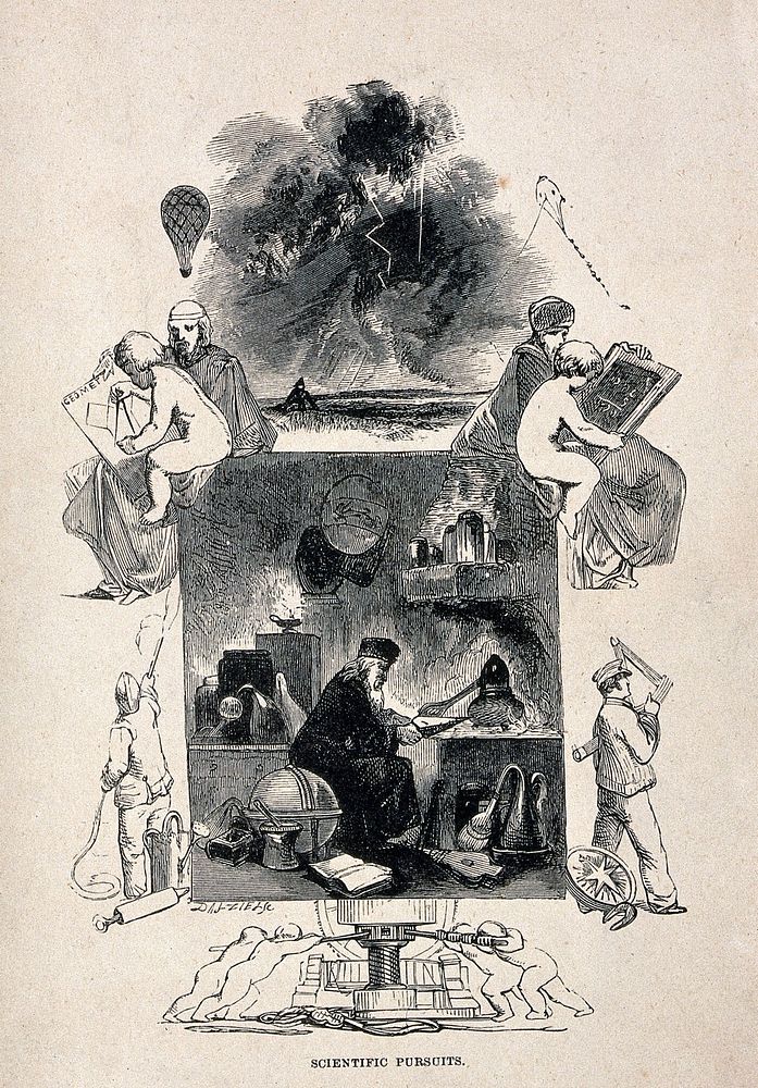 An alchemist at his alembic; surrounded by vignettes of scientific pursuits. Wood engraving by Dalziel, 18--.