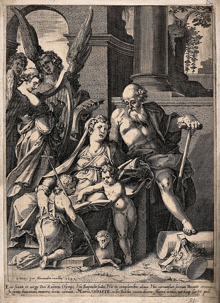 Saint Mary (the Blessed Virgin) and Saint Joseph with the Christ Child and Saint John the Baptist. Engraving by A. Vallée…