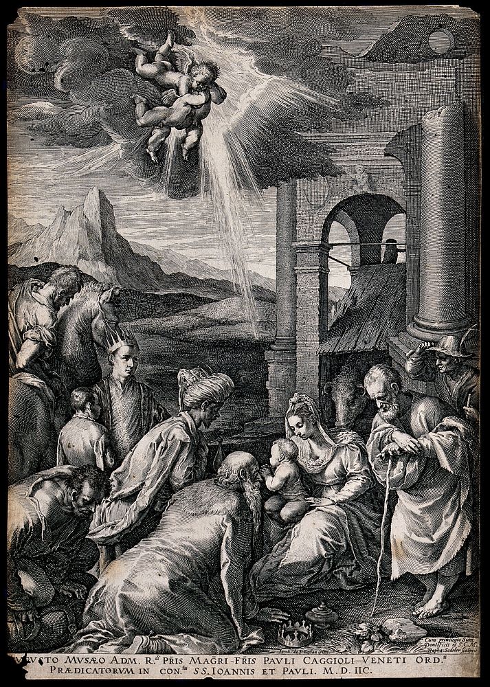 The adoration of the magi. Engraving by R. Sadeler after J. Bassano.