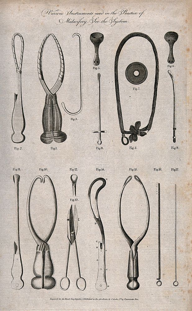 Surgical instruments for use in midwifery: 17 figures. Etching, 1788/1795.