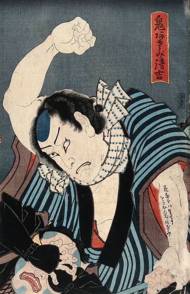 Actor as Oniazami Seikichi struggling with an assailant. Colour woodcut by Kunisada I, 1859/1860.