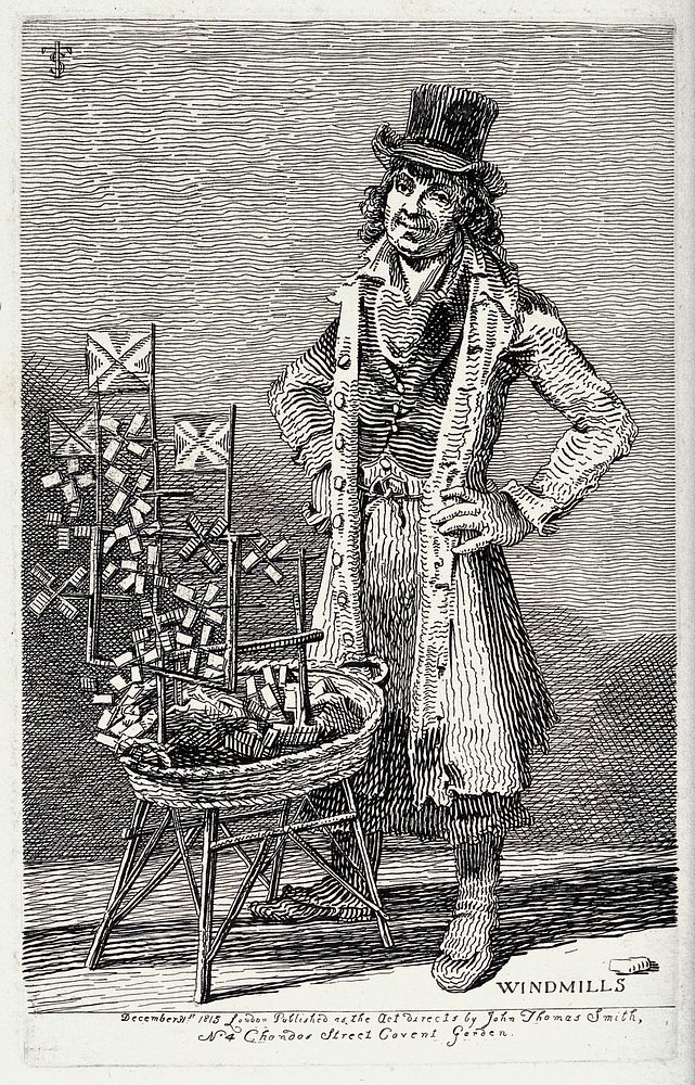 An itinerant salesman selling miniature windmills from a wicker basket before him. Etching by J.T. Smith, 1815.